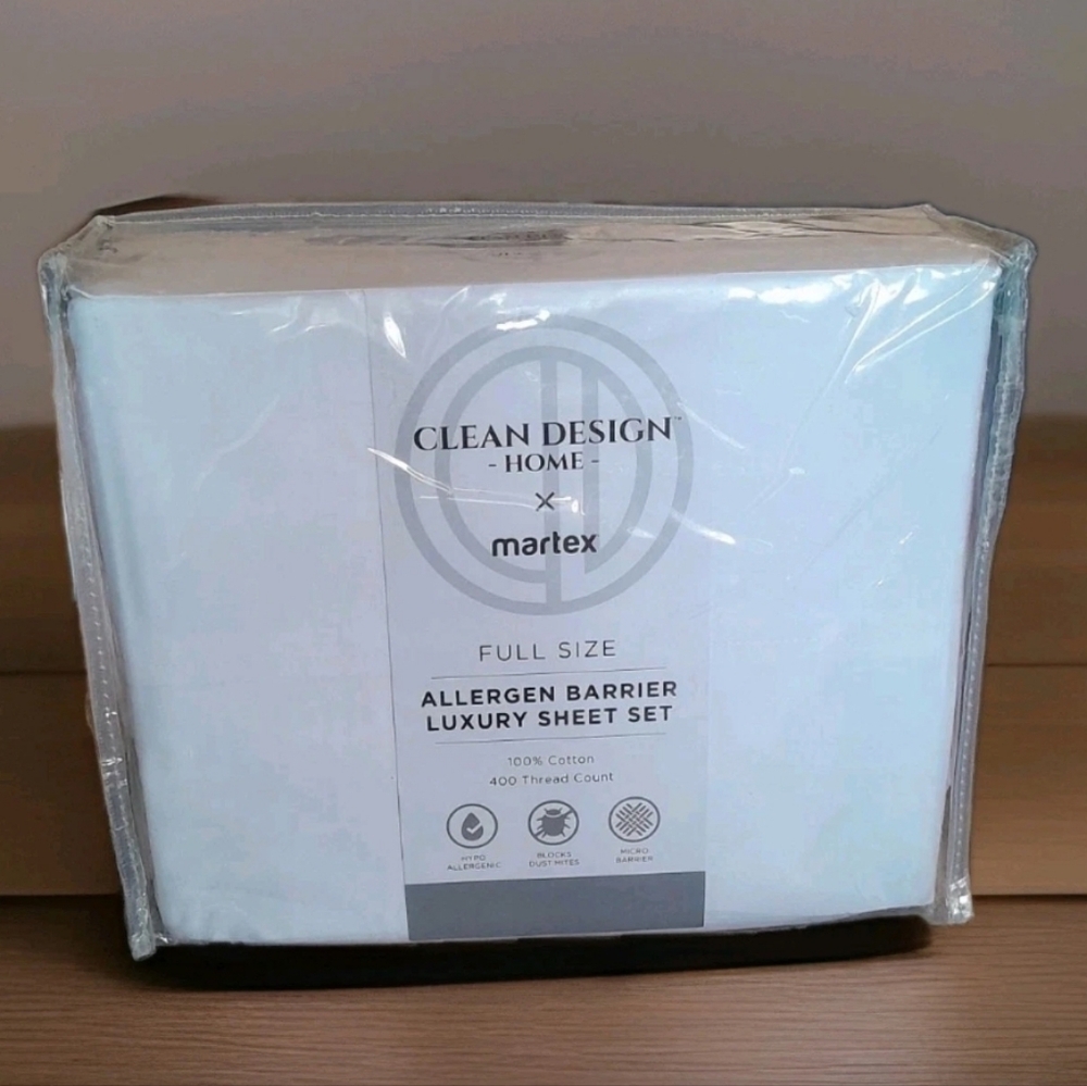 NEW CLEAN DESIGN HOME X MARTEX ALLERGEN BARRIER 100% COTTON SHEET SET FULL